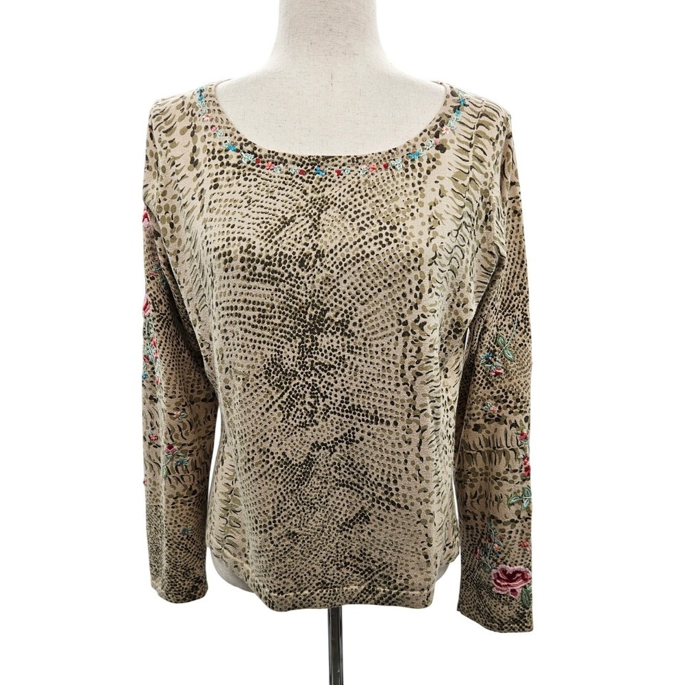 Bogner Womens Floral Embroidered Long Sleeve Top Tan & Olive  L‎